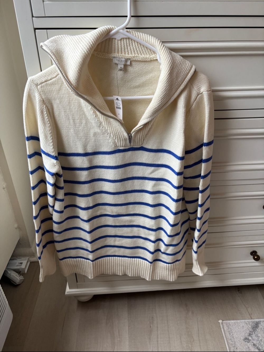 Talbots Cream Sweater with Blue Stripes and Half-Zip Cowl